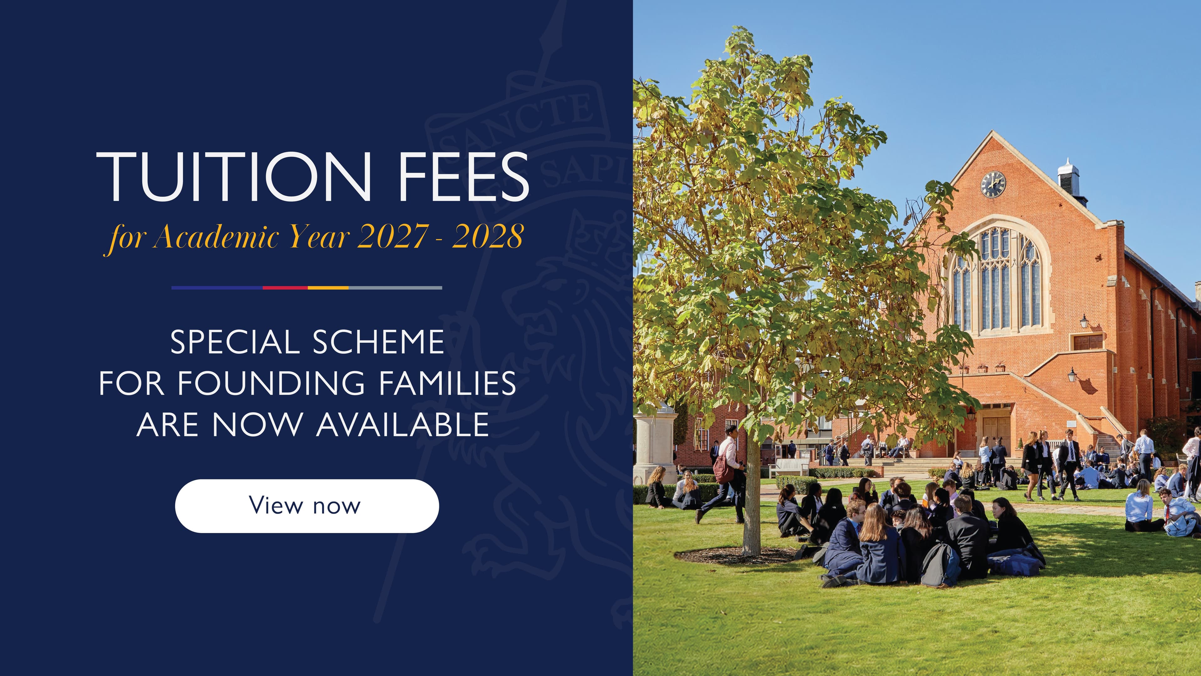 Advertisement for tuition fees academic year 2027-2028 and founding family scheme with students.